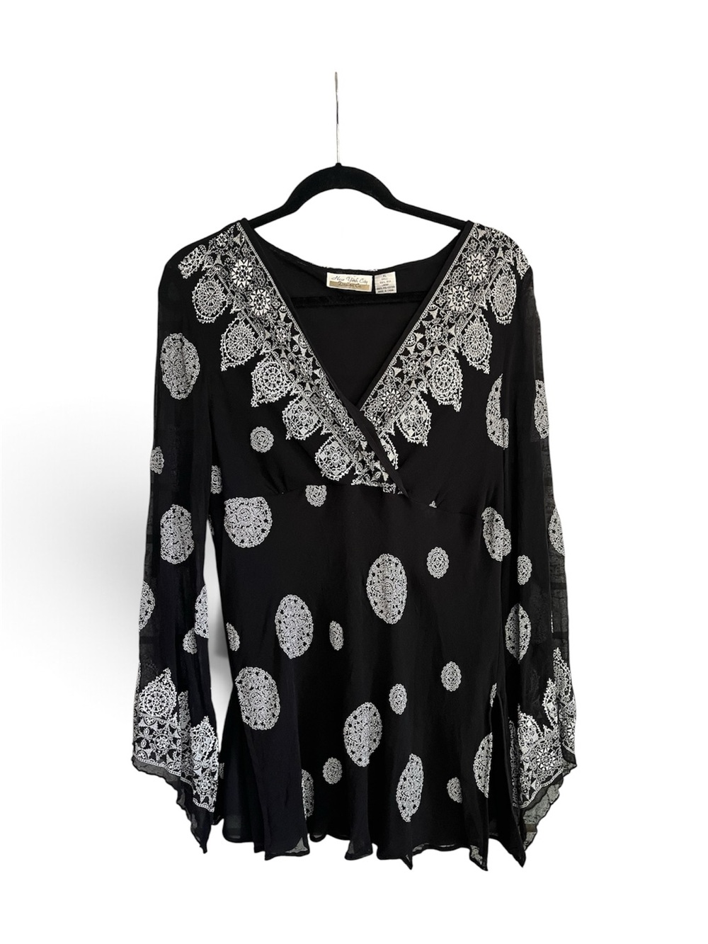 Vintage 1990s New York City Design Co 100% Silk Black Patterned Blouse XL Fairy